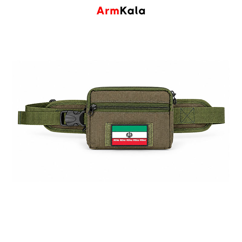  نمای جلوی کیف کمری برزنتی با زیپ و پنل چسبی 